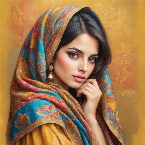 عکس زن با شال ابریشمی طرح‌دار سنتی باکیفیت