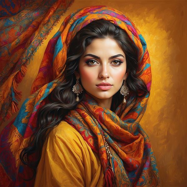 پرتره زن با موهای موج‌دار و شال طرح‌دار سنتی