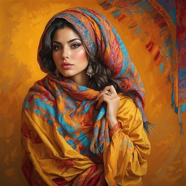 تصویر هنری زن با شال سنتی و پس‌زمینه زرد