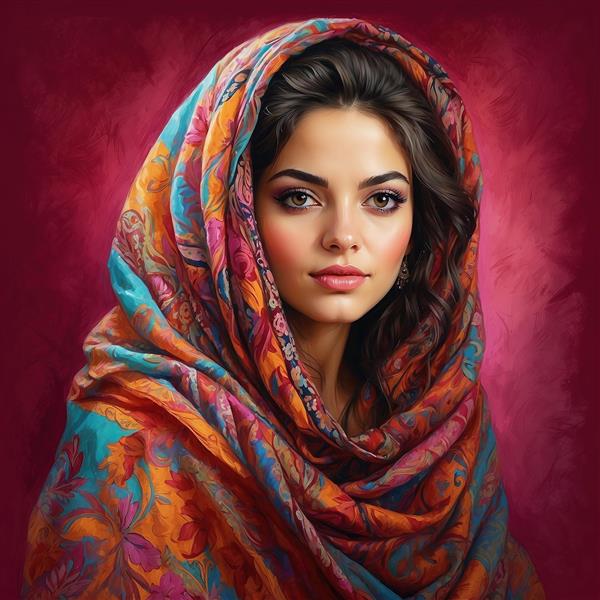 عکس باکیفیت زن با شال پشمی طرح‌دار رنگی