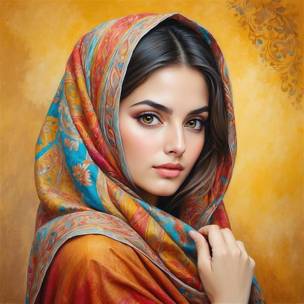 عکس صورت زن با شال طرح‌دار با رنگ‌های گرم