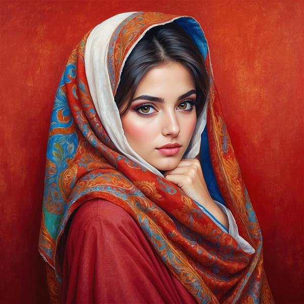 طرح فانتزی زن با شال رنگارنگ و پس‌زمینه قرمز