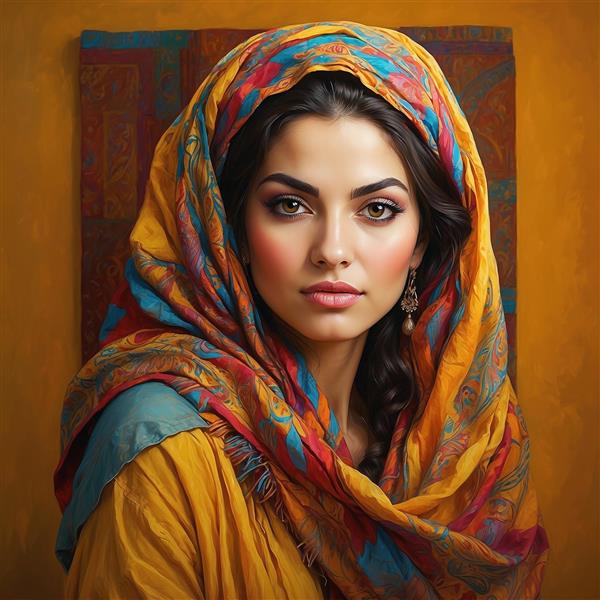 تصویر زن با شال زرد و طرح‌های رنگی مینیمال