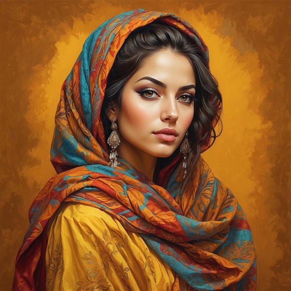 عکس زن با شال سنتی و گوشواره‌های بزرگ باکیفیت