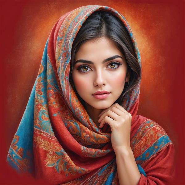 طرح نقاشی صورت زن با شال قرمز و فیروزه‌ای
