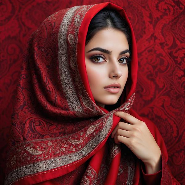 تصویر زن با شال زرشکی طرح‌دار با جزئیات بالا