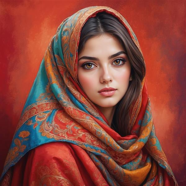 طرح پرتره زن با شال آبی و نارنجی سنتی