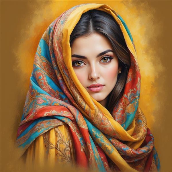 طرح نقاشی زن با شال سنتی رنگارنگ باکیفیت