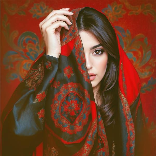 طرح فانتزی زن با شال مشکی و قرمز