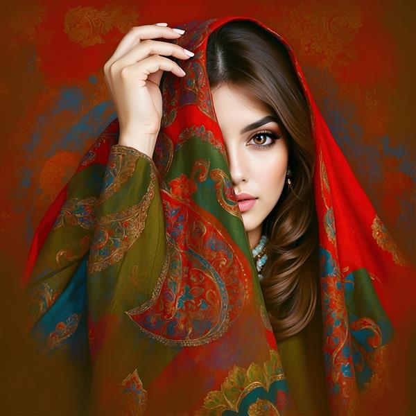 عکس چهره زن با شال قرمز طرح‌دار سنتی