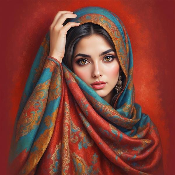 تصویر زن پارسی با شال زرشکی و آبی فانتزی