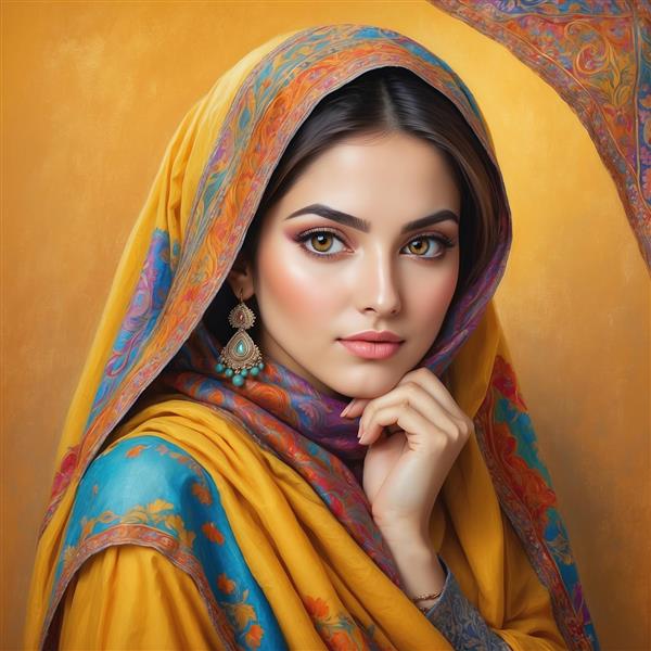 عکس زن پارسی با شال زرد و گوشواره فانتزی