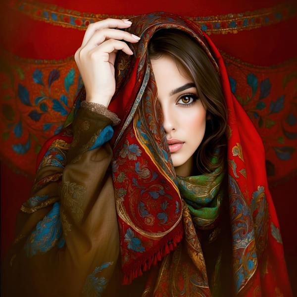 تصویر فانتزی زن ایرانی با شال قرمز و سبز سنتی