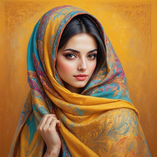 عکس زن با شال زرد فانتزی و جزئیات بالا
