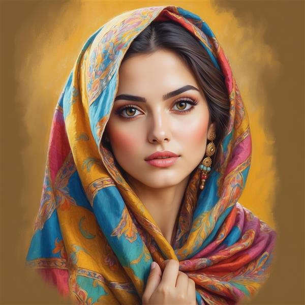 طرح صورت زن با شال رنگارنگ فانتزی باکیفیت