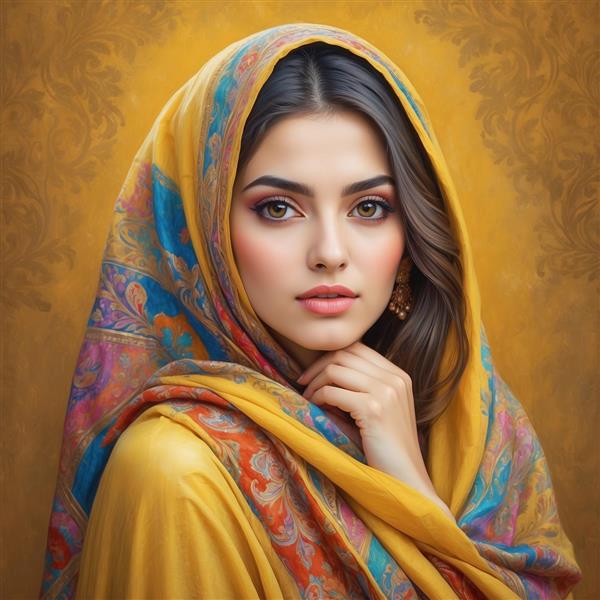 تصویر پرتره زن فانتزی با شال زرد و نارنجی