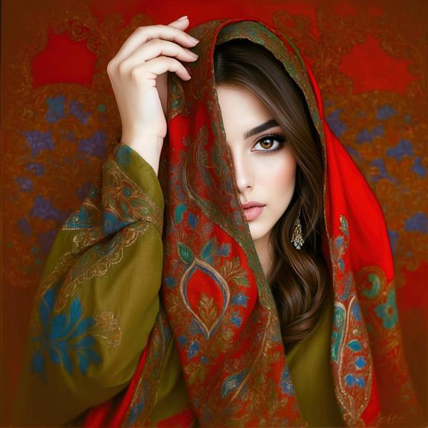 عکس چهره زن با شال قرمز طرح‌دار فانتزی