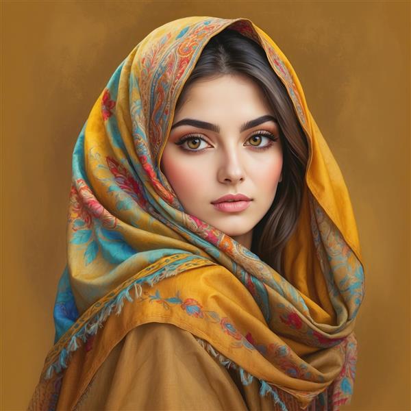 تصویر زن با حجاب فانتزی و شال سنتی زرد