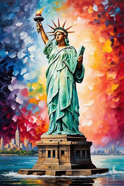 تصویر مجسمه آزادی فانتزی با پس‌زمینه ابرهای رنگی
