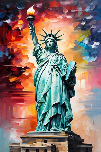 طرح نقاشی فانتزی مجسمه آزادی با رنگ‌های تند و جذاب