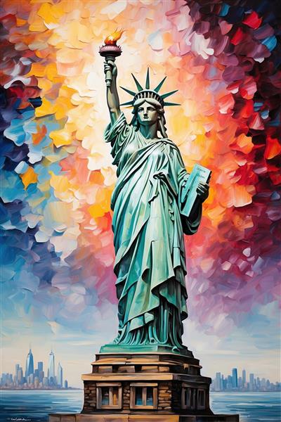 تصویر مجسمه آزادی نیویورک با آسمان انتزاعی و رنگارنگ