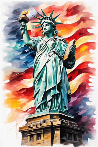 طرح گرافیکی مجسمه آزادی با پس‌زمینه پرچم آمریکا رنگی
