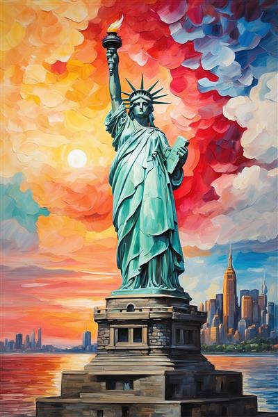 عکس مجسمه آزادی فانتزی با غروب خورشید و ابرهای رنگی