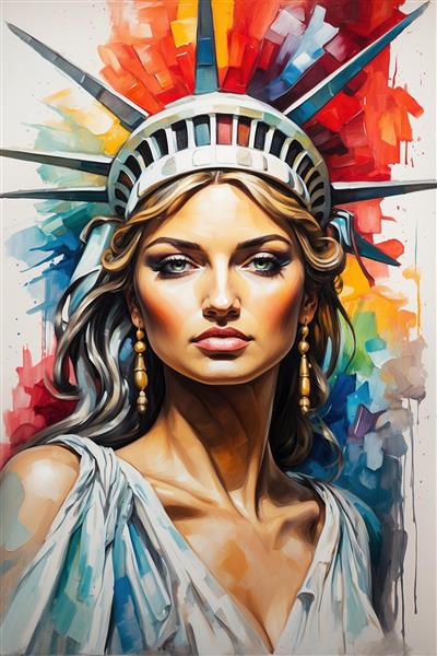 پرتره فانتزی زن با تاج مجسمه آزادی سبک آبرنگی