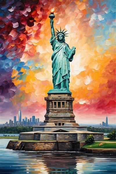 عکس مجسمه آزادی با پس‌زمینه رنگارنگ فانتزی و هنری
