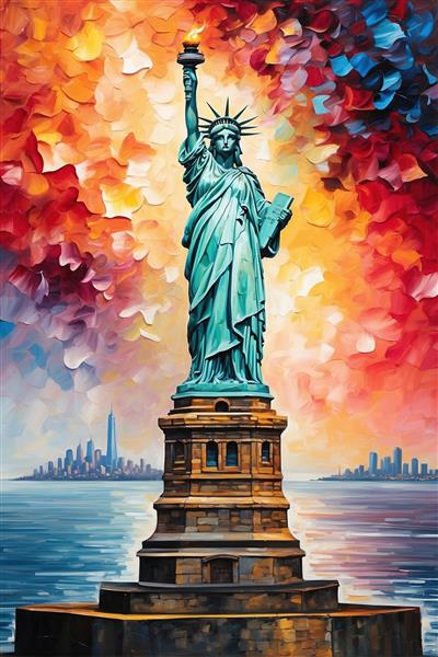 تصویر مجسمه آزادی فانتزی در میان ابرهای رنگی نقاشی