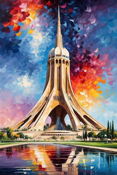 طرح نقاشی میدان آزادی تهران با انعکاس در آب زلال