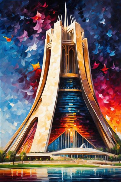 تصویر برج آزادی مدرن با نورپردازی فانتزی و رنگ‌های گرم