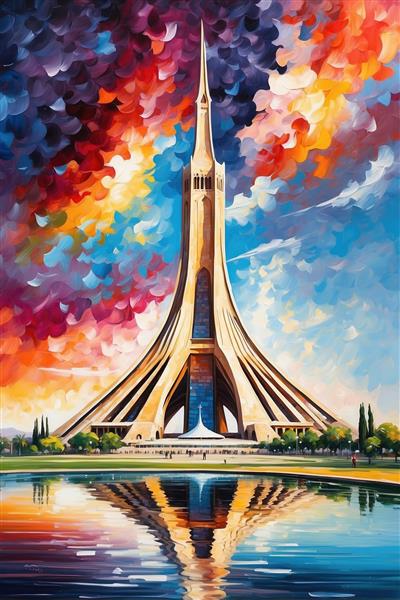 تصویر برج آزادی فانتزی با انعکاس در آب و کیفیت بالا