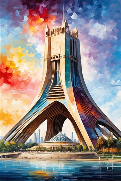 طرح نقاشی میدان آزادی تهران با آسمان رنگی فانتزی