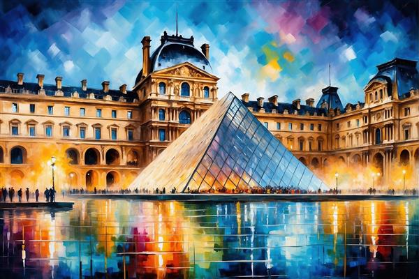 عکس موزه لوور پاریس با انعکاس نورهای شبانه در آب