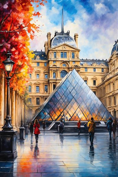 طرح منظره ورودی موزه لوور با درختان پاییزی رنگارنگ