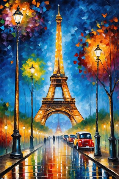 عکس برج ایفل در شب با ماشین‌های کلاسیک فانتزی