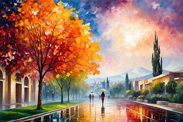 تصویر خیابان بارانی پاییزی با منظره دوردست کوهستان