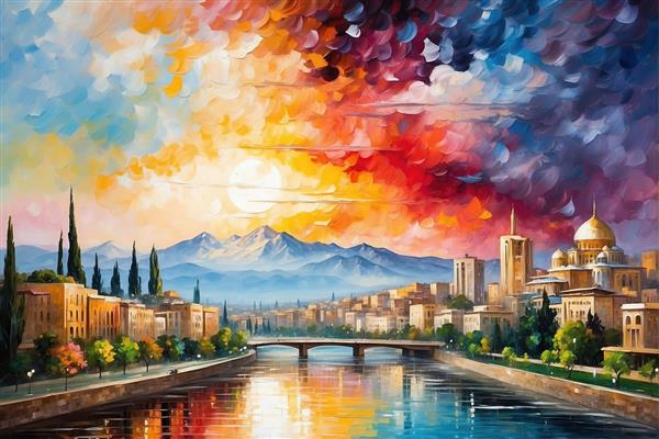 طرح منظره شهر در کنار رودخانه با پس‌زمینه کوهستان