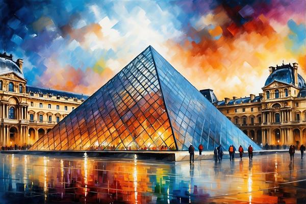 تصویر پانوراما از موزه لوور پاریس با هرم شیشه‌ای