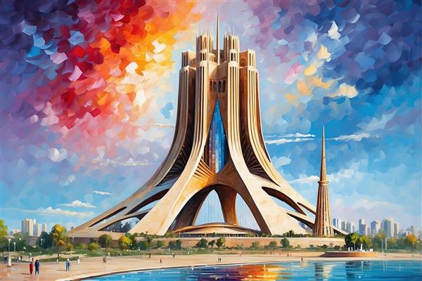 طرح گرافیکی برج آزادی تهران با پس‌زمینه ابرهای رنگی