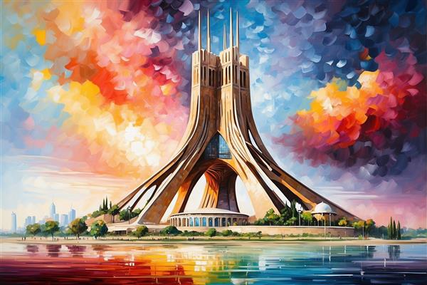 تصویر میدان آزادی تهران با آسمان فانتزی و رنگ‌های شاد