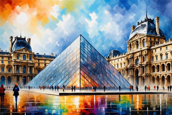 عکس موزه لوور و هرم شیشه‌ای با آسمان ابری رنگارنگ