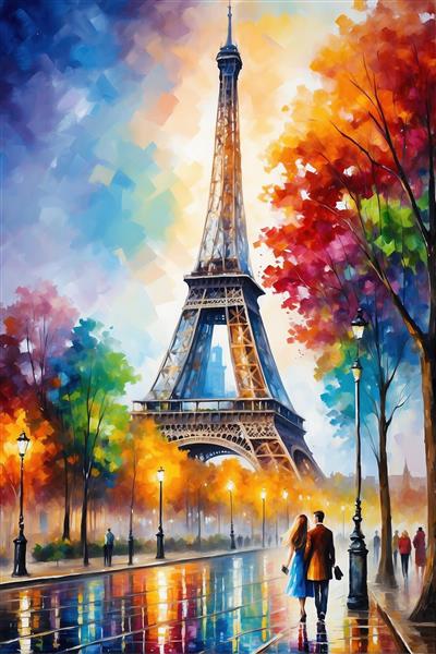 تصویر برج ایفل در شب بارانی با انعکاس نور رنگی