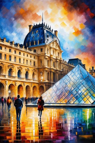 تصویر موزه لوور پاریس با هرم شیشه‌ای سبک امپرسیونیسم