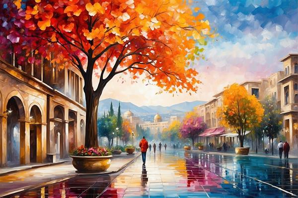 طرح نقاشی خیابان پاییزی با درختان نارنجی و زرد باکیفیت
