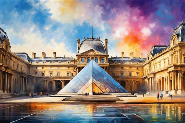 تصویر فانتزی موزه لوور با آسمان بنفش
