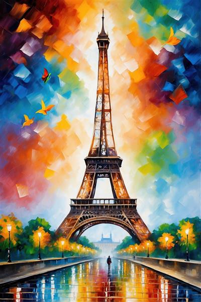 تصویر فانتزی برج ایفل با پروانه‌های رنگی