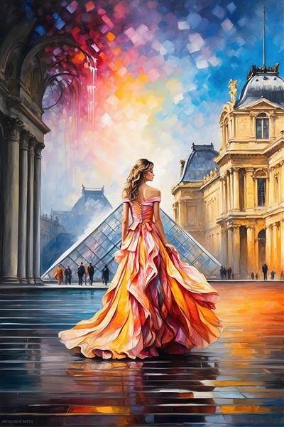 طرح فانتزی زن با لباس بلند در موزه لوور