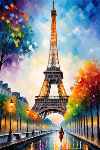 تصویر برج ایفل فانتزی و دختر در باران